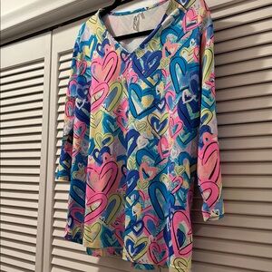 LuLu B Heart Print Top in Pink, Blue, Yellow, Teal.